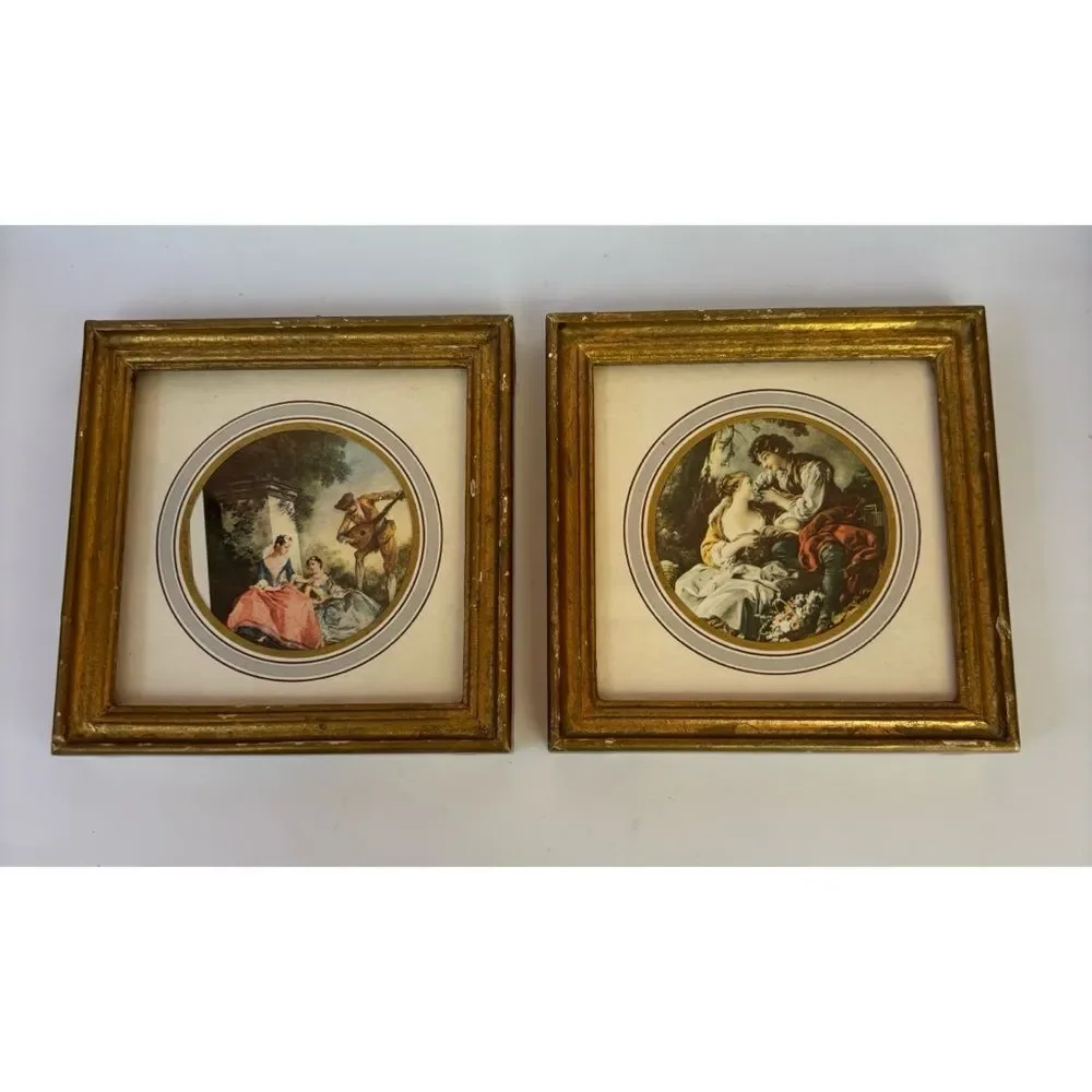 Vintage Boucher Gold Framed Italian Florentine Victorian Lithographs /Love Scene